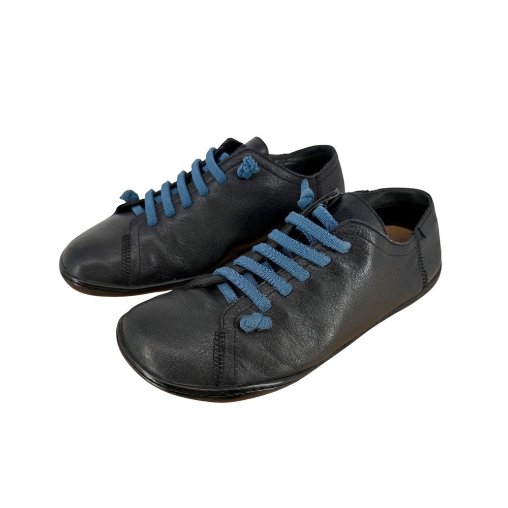 Camper Peu Cami Black Leather Minimalist Sneakers EU 40 M7 W9 Blue Elastic Laces